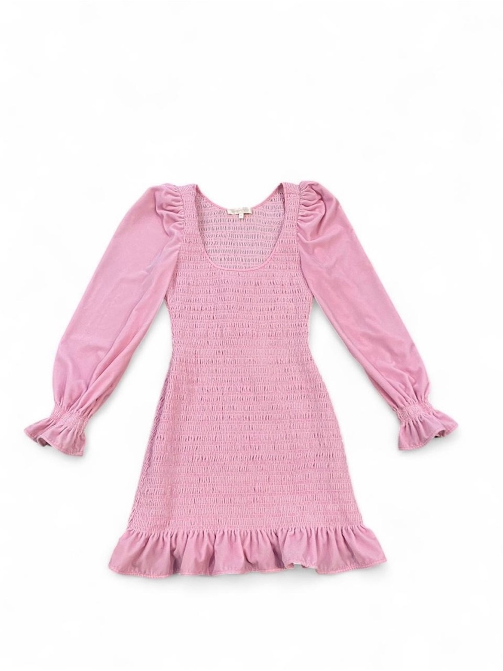 LoveShackFancy Smocked Shirred Rouched Pink Velvet Mini Dress